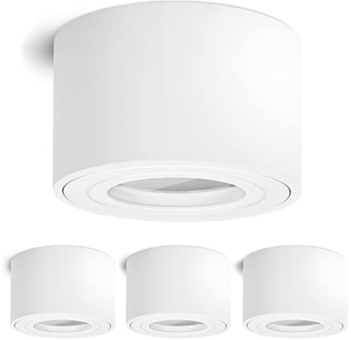 linovum SMOL-W 4 Stück IP44 Feuchtraum Wasserschutz Deckenstrahler Deckenspot Aufbauspot mattes weiß LED Deckenleuchte extra flach Deckenlampe Aufbaustrahler Ø 80 mm für LED Module