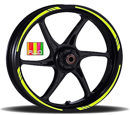 Adesivi Cerchioni Moto Set Completo per 2 Ruote 17 Pollici Strisce Cerchi Custom Vari Colori universale Mod.12 cod.RT012 (029 Giallo Fluo)
