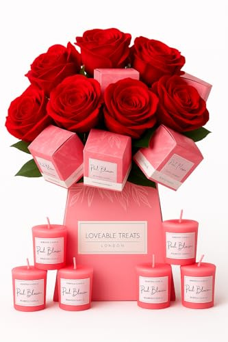 LoveableTreats Bouquet di candele, regalo di lusso per la mamma, regali per donne, regali per compleanno, regali per anniversario, regalo di compleanno (rosso)