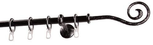 Garesa Gardinenstange Esperanca Ø 16mm, 1-läufig, Schwarz/Silber I Rustikale Vorhangstange inkl. Ringe + Faltenlegehaken I Mit Endknopf Spirale I Wandmontage I 130cm