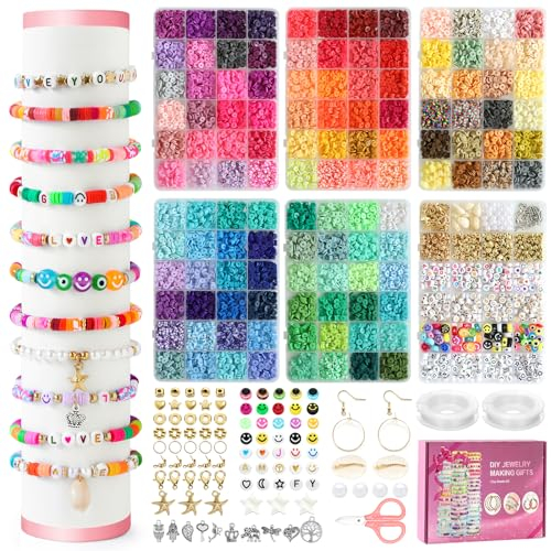 Soleebee 12000 Stück Clay Perlen Auffädeln Set, 120 Farben 6mm Clay Flach Heishi Perlen mit Buchstaben Perlen und Anhänger Basteln für Armbänder Halsketten Ring Schmuck Selber zu Machen Charms Kit