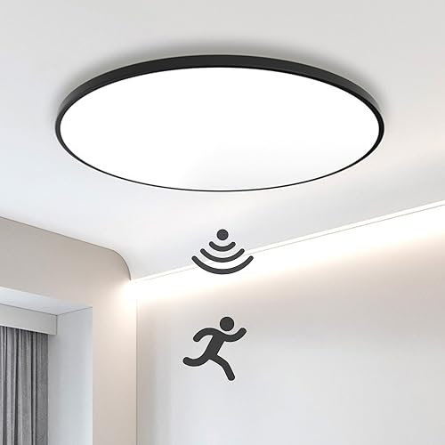 Mengjay LED Ceiling Light with Motion Sensor,Modern Flush Ceiling Light,Cool White Bathroom Ceiling Light for Hallways, Garages,Basements, Carports,Balcony (Black, 18W)