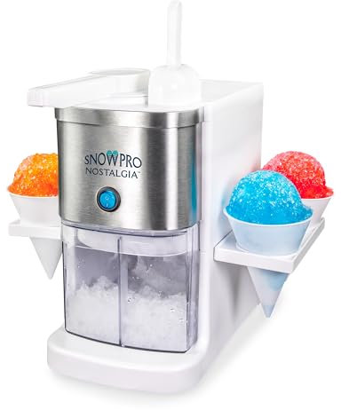 Nostalgia SnowPro Machine électrique à glace et à neige 1,8 l Capacité de rasage de glace, 4 cônes réutilisables, étagères latérales et pelle incluses