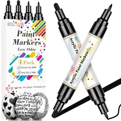 GPLMQ Feutre Acrylique Peinture stylo, Set de 4 Stylos Feutres Noirs pour Peinture sur Roche, Bois, Pierre, Verre, Artisanat, Céramique, Toile, Tissu, Métal - Marqueurs Noirs à Base d'Eau