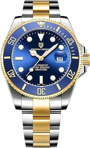 Pagani Design Herren Automatikuhr Business Wasserdicht Analog Automatikuhr NH35 A Keramik Uhrwerk Drehbare Lünette Saphirglas Edelstahl Luxusuhren. (Gold Blau)