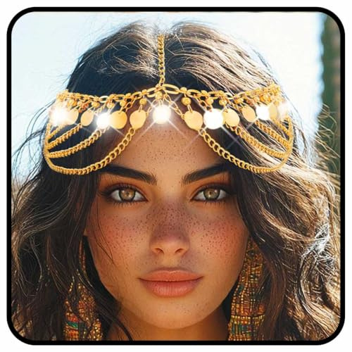 Zoestar Gold Pailletten Kopfkette Boho Quaste Kopfschmuck Haarketten Festival Haarschmuck für Damen