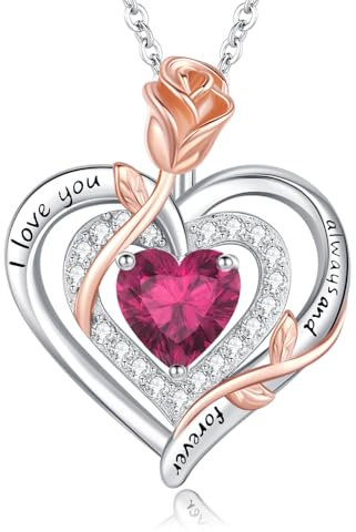 LAVUMO Collier Femme argent Sterling 925 Pendentif Coeur Rose Fleur Pierre Naissance Bijoux Cadeau Anniversaire Femme Copine Maman Cadeau Noël Saint Valentin Fête des Mères