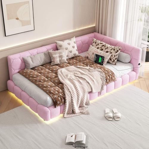 Lit Banquette 90 * 200cm, Lit Moderne avec éclairage d'ambiance en 16 Couleurs, Canapé en Bois avec Connexion USB, matériau Confort,Pink