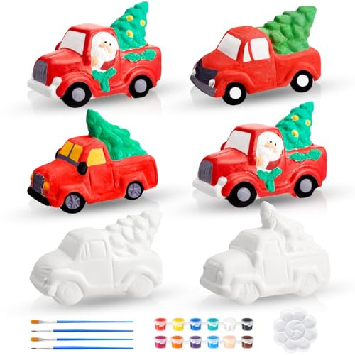 Watersay 6 Pack Christmas Ceramics to Paint Antique Truck Christmas Tree Paint Your Own Ceramic Paintable Ceramic Painting Kit DIY with Paints, Brushes, Palette for Adults Home Xmas Party Gifts Decor