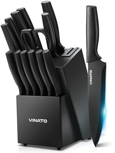 VINATO Cuchillos Cocina, juego de cuchillos de cocina de 14 piezas con afilador, cuchillos profesionales de cocina de chef, juego de cuchillos afilados de acero inoxidable con mango de plástico