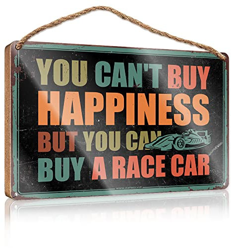 Türschild für die Haustür, lustiges Holzschild mit Aufschrift You Can't Buy Happiness But You Can Buy A Race Car, lustiges Büro-Türschild, hängende Türdekoration (23 x 35 cm)