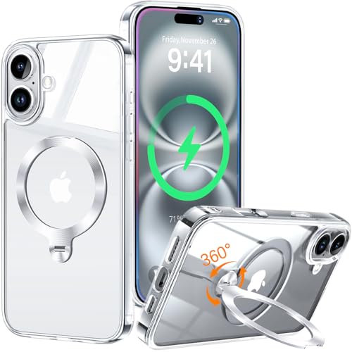 HaloArt 360° Drehbarer Ständer Magnetische Hülle für iPhone 16 [Stabilster Unsichtbarer CD-Ring Ständer für Mag-Safe] [ Nr.1 Magnetkraft & Militärschutz] Stoßfest Schutzhülle Dünn, Klar