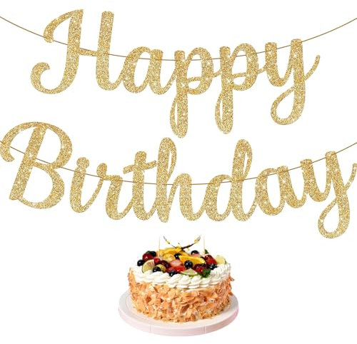 Glitter Gold Happy Birthday Banner, 10 Feet Sign for Women Girls Kids - Reusable Happy Birthday Banners, Large Party Bunting Hanging Garland for Indoor Outdoor