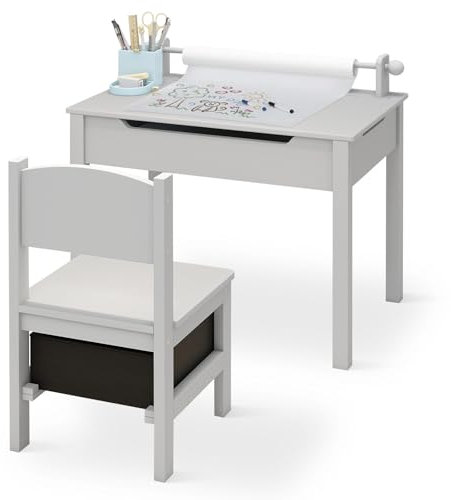 ARTETHYS Kids Table and Chair Sets, Wooden Toddler Activity Table and Storage Drawer Chair, Childrens Table and Chair Set with Paper Roll for Art Craft Play, Grey