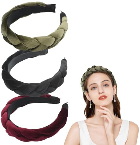 Coriver Serre-TêTe Tressé éPais, 3 Pièces Serre Tête Velours, Vintageserre Tete Large Femme, Bandeaux Tressés, Bandeau Cheveux Femme pour les Cheveux, Cheveux Accessoires-Noir+Rouge+Vert