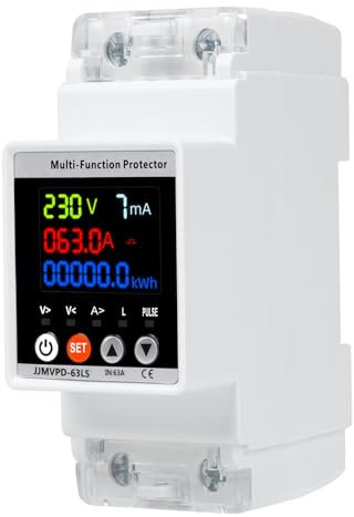 Jadeshay Estabilizador Tension 220v, 63A Sobretensiones Rearmable Protector de Sobretensión y Bajo Voltaje Medidor de Cconsumo Electrico Inteligente en riel DIN, Pantalla a Color(NO-WiFi)