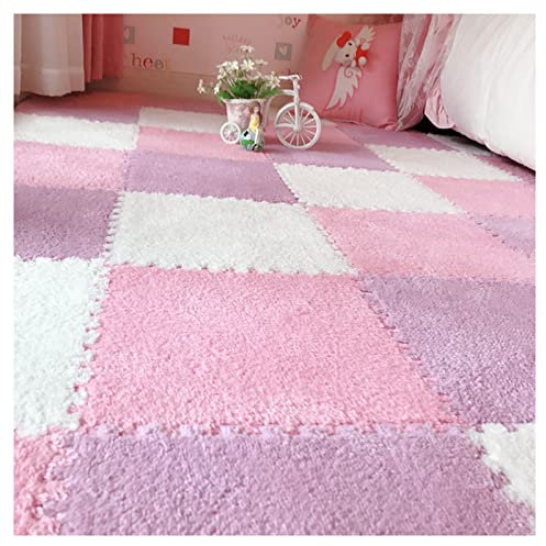 Ineinandergreifende Plüsch-Teppichfliesen-Set, 10 Stück, 30,5 x 30,5 cm, quadratische Bodenmatten mit Rand, weicher Schaumstoff-Puzzle-Spielmatte, Rosa, Lila, Weiß, 10 Fliesen/10 m²