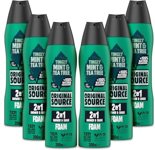 Original Source Mint & Tea Tree 2 in 1 Shower and Shave Foam (Pack of 6)|100 Percent Natural Fragrance | Vegan, Cruelty Free, Paraben Free|Bulk Buy, 6 x 200ml