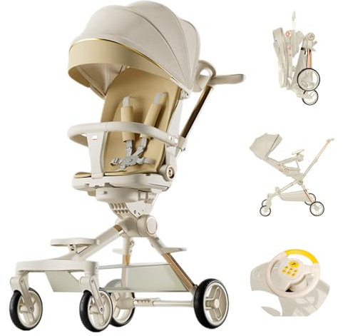 Kompakter Kinderwagen für Babys, Komfort, mit Tablett, Rückenlehne und Beinstütze, verstellbar, für 0-4 Jahre (Belastung 25 kg), faltbar, mit einer Hand, rutschfeste Räder (Khaki)