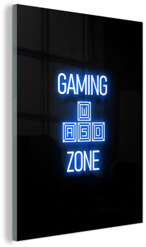 MuchoWow© Glasbilder Deko Schlafzimmer Aesthetic Wohnzimmer Glas Gemälde | 60x80 cm - Foto Geschenk Living Room Decoration Gaming Zone - Text - Neon - Blau