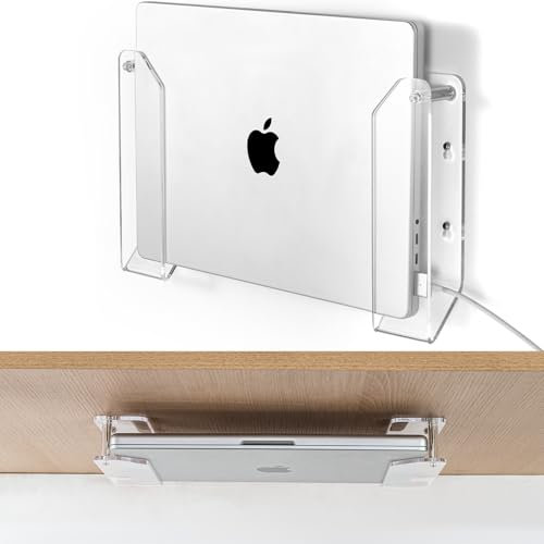 HaoHaio Clear Acrylic Laptop Holder Vertical - Space-Saving Wall/Under Desk Mount with Cable Slots, Supports 1.26 Thick Devices, Compatible with iPad/MacBooks/Surface, Adhesive & Screw Installation