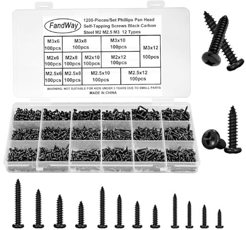 M2 M2.5 M3 self-tapping screws set, 1200 pieces black pan head self-tapping screws, wood construction screws, round head self-drilling screws, Phillips screws, small screws assortment.