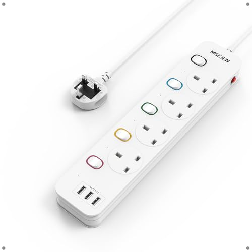 Mscien Extension Lead 1M with USB Slots 4 Way Wall Mounted, 1M Extension Lead Switched with Multiple Protection, Fused Power Strip 4 Sockets White, 13A/3250W