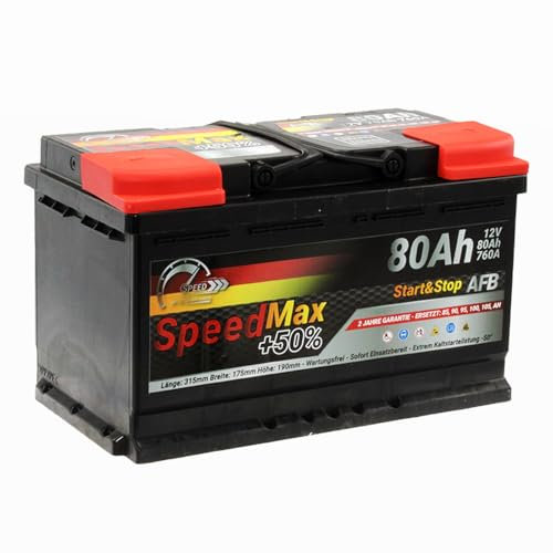 SpeedMax Batterie Auto 80 ah AFB EFB Start Stop 760A 12V Puissance Maximale, Longue Durée, de tailles allant de L0 à L6 et également pour véhicules utilitaires et camions 80Ah Aucun entretien requis