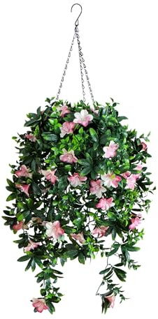 Nearly Natural 34in UV Resistant Artificial Azalea Hanging Basket - Pink Blooms - Indoor/Outdoor