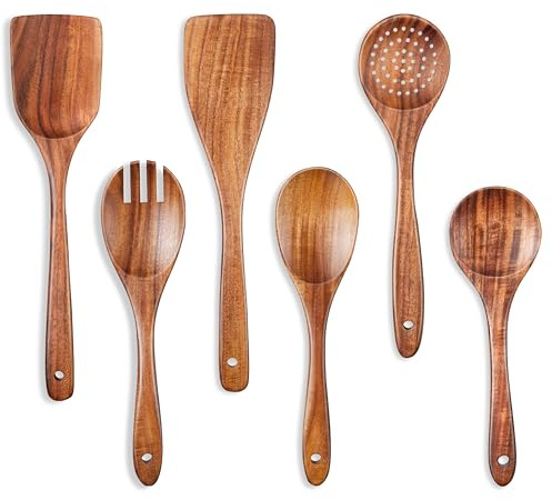 Onader Wooden Kitchen Utensils Set, 6Pcs Teak Wood Cooking Utensils Set, Heat Resistant Spatulas & Spoon for Cooking, Mixing and Serving, Nonstick & Healthy, Easy to Clean