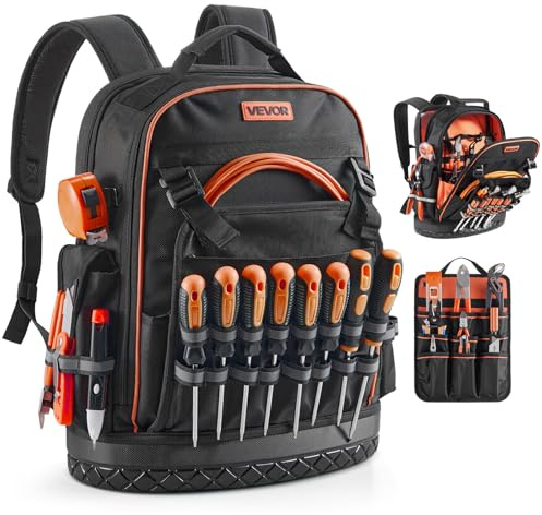VEVOR Tool Backpack, 64 Pockets, Heavy-duty Tools Storage Organizer Work Bags Backpack with Laptop Compartment & Molded Base, Electrician Jobsite Backpack for Electrician, Repairman, and HVAC Techs