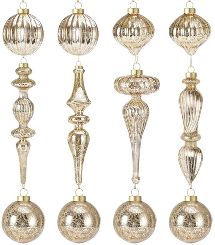 Soulchen 12 Pcs Mercury Glass Christmas Hanging Ornaments Vintage Glass Balls Finial with Different Shapes for Xmas Tree Decor Christmas Baubles for Holiday Winter Decoration (Gold)