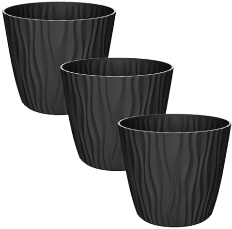 Engelland - 3 x Blumentopf mit Bewässerungssystem, Schwarz, Ø 29 cm, Pflanzkübel, Übertopf, 3D-Wellenmuster, Innen- & Außenbereich, Drainagesystem & Wasserspeicher, rund, Kunststoff