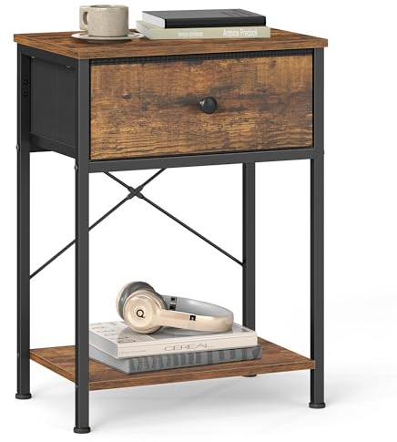 SONGMICS Beistelltisch schmal, Nachttisch mit Ladefunktion LGS101K101 | Schmaler Beistelltisch, 39,6 x 30 x 60,4 cm, Rustikales Braun, BELLAH Kollektion LGS101K101