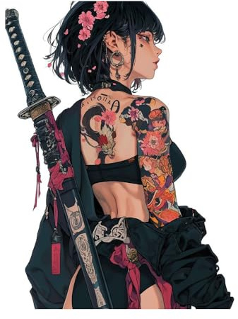 YUNEX Anime Samurai Girl Car Sticker 5.1 Inch – Japanese Warrior with Dragon Tattoo Vinyl Decal – Waterproof JDM Auto Decoration for Bumpers Windows Laptops – Anti-Fade Exterior Accessories (C,5.1'')