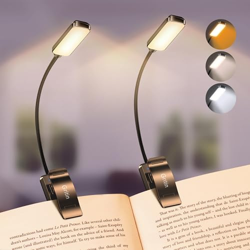 Gritin 9 LED Rechargeable Book Light for Reading in Bed-Stepless Dimming | Eye Caring 3 Color Temperatures, Long Battery Life, Flexible Lightweight Clip On Book Reading Light for Studying-Black/2 Pack