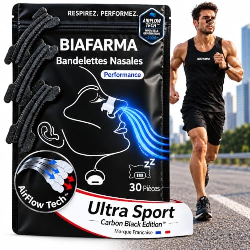Biafarma® Bandelettes Nasales Sport Haut De Gamme – Bandes Nasales | AirFlow Tech™ & GripTech™ : ouverture nasale optimisée et tenue extra-forte jusqu’à 12H, même pendant le sport.