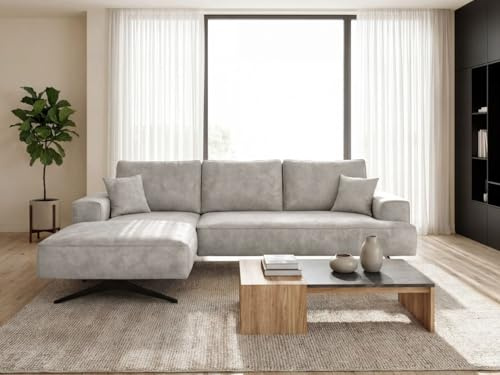 GRAINGOLD Leto Ecksofa 260x165 cm, L-Form Sofa, Ecksofa für Wohnzimmer, Velours-Stoff, 3-Sitzer Eckcouch, Modernes Design (Grau, Links)