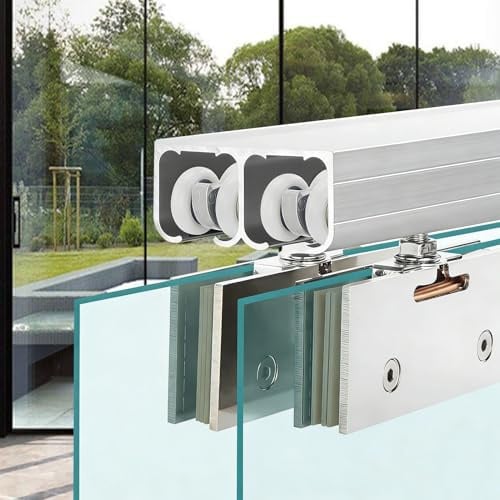 EXCLURA Schiebetür Schiene Aluminium Doppelkanal Schienensystem Kit, Rahmenlose Schiebetürbeschläge aus Glas für Scheunentüren, Schwerlast Bypass Taschen Türschienen Set(300cm (9.8ft))