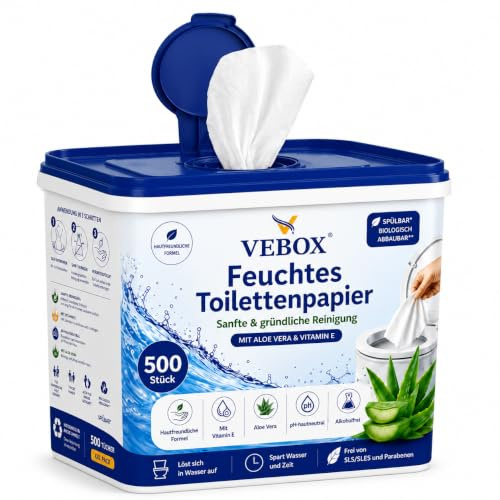 VEBOX Feuchtes Toilettenpapier – 500 Stück XXL-Vorratsbox, spülbar & parfümfrei – pH-hautneutral, biologisch abbaubar, mit Aloe Vera & Vitamin E