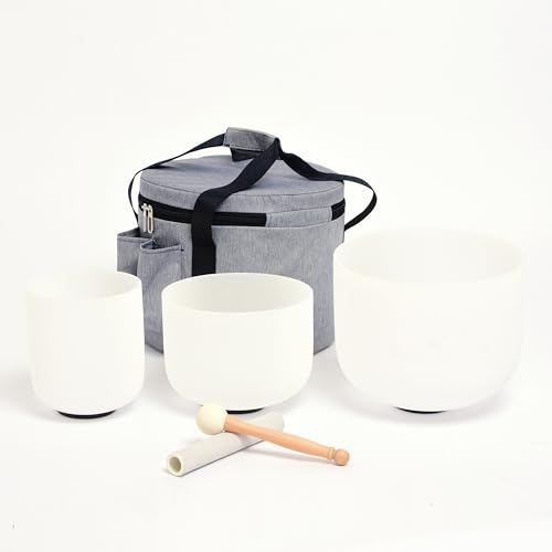 TREEITORY 6-10 inch Quartz Crystal Singing Bowls Chakra Set of 3pcs with Carry Case Bag