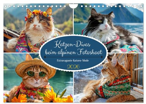 Katzen-Divas beim alpinen Fotoshoot. Extravagante Katzenmode (Wandkalender 2026 DIN A4 quer), CALVENDO Monatskalender: Die Feline Modenschau der trendigsten Samtpfoten (CALVENDO Tiere)