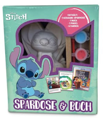 Disney Stitch: Spardose & Buch: Geschenkset mit Buch, Spardose aus Keramik zum Bemalen, Pinsel und sechs verschiedene Farben