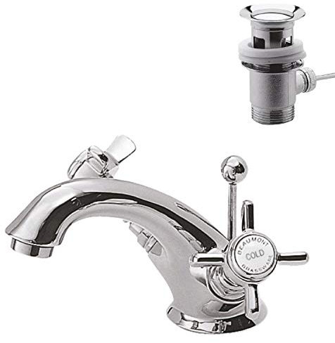 nuie I305X Beaumont Traditional Bathroom Luxury Crosshead Handle Mono Basin Mixer Tap with Pop-Up Waste, 112 x 62 x 197mm , Chrome