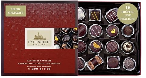 Lauensteiner Edelbittere Spezialitäten | 200g in Geschenk-Box | 16 zartbittere Pralinen mit Alkohol | Geschenk für Mann oder Frau