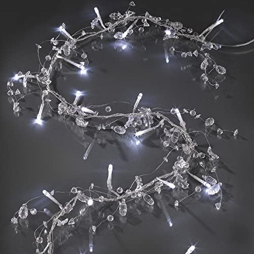 hellum Lichterkette Innen mit Blumen und Blättern, 16 kaltweiße LED, 1,5m beleuchtete Länge, Zuleitung 0,3m, batteriebetrieben, transparentes Kabel, Dekorationslichterkette, 566185