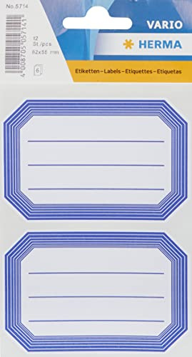 HERMA 5714 Buchetiketten zum Beschriften, Neutral mit Rand (82 x 55 mm, 12 Namensaufkleber, Papier, matt) selbstklebend, permanent haftende Schuletiketten für Bücher, Hefte, Boxen, Haushalt, blau