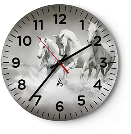 Modern Wanduhr Bauernhof Pferde galopp Freiheit 30x30cm Rund Klein Wand Uhr Glas Analog Zimmeruhren Küche Büro Wohnzimmer Glasuhr Wall Clock Dekoration Design Wanddekoration Küchenuhr C4AR30x30-2389