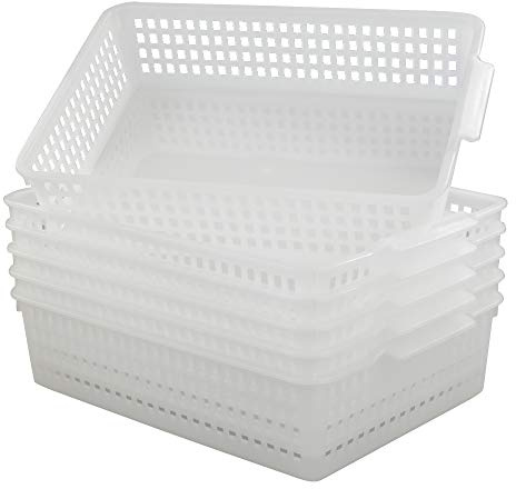 Qskely 6-Pack A4 Plastic Storage Trays, Office Paper Storage Basket, Clear | Fits Standard A4 Paper, Ventilated Mesh Plastic Tray, Perfect for Sorting Papers, Stationery and Classroom Supplies