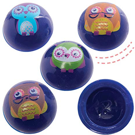 Baker Ross AX600 Eulen-Sprungbälle, 12 Stück, kleine Sprungbälle mit lustigen Eulen-Charakteren, perfekt für Kinder als Partytütenfüller oder Geschenkidee